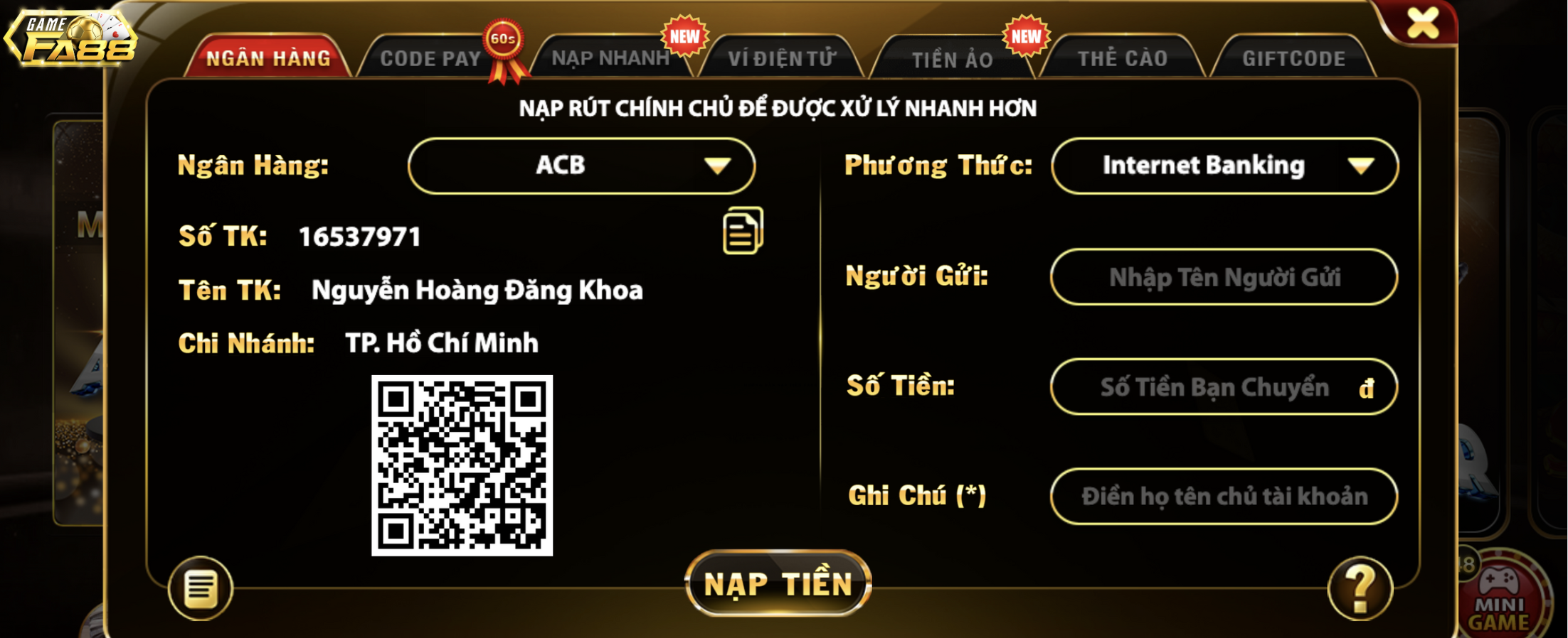 Nạp tiền qua hình thức ngân hàng chỉ với 3 bước